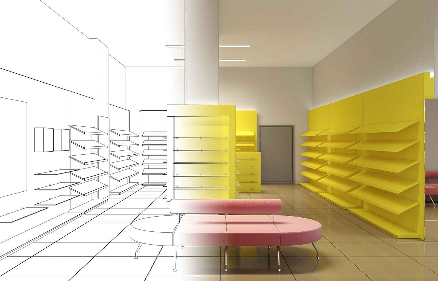 06 tipos de layouts para projeto de arquitetura de interiores aplicados em diferentes pontos de venda.